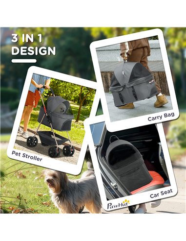 PawHut 3 in 1 Pet Stroller, Folding 4 Wheels Dog Pram with Detachable Carrier for Mini Dogs Cats, Grey
