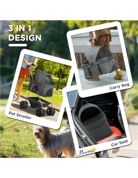 PawHut 3 in 1 Pet Stroller, Folding 4 Wheels Dog Pram with Detachable Carrier for Mini Dogs Cats, Grey - pic 145490 | FastDaddyshop