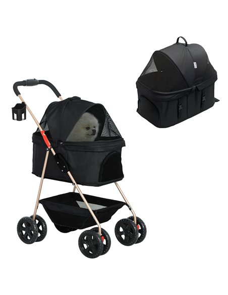 PawHut 3 in 1 Pet Stroller, Folding 4 Wheels Dog Pram with Detachable Carrier for Mini Dogs Cats, Black - pic 145496 | FastDaddyshop