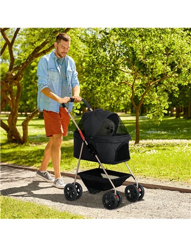 PawHut 3 in 1 Pet Stroller, Folding 4 Wheels Dog Pram with Detachable Carrier for Mini Dogs Cats, Black