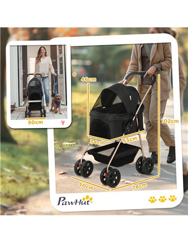 PawHut 3 in 1 Pet Stroller, Folding 4 Wheels Dog Pram with Detachable Carrier for Mini Dogs Cats, Black