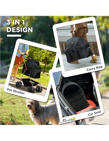 PawHut 3 in 1 Pet Stroller, Folding 4 Wheels Dog Pram with Detachable Carrier for Mini Dogs Cats, Black