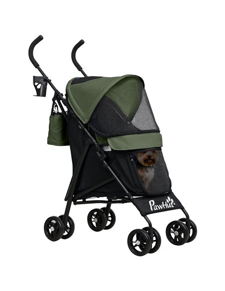 PawHut Umbrella Structure Dog Stroller, Lightweight & Portable Dog Pram w/ Shoulder Strap, Storage Bag & Cup Holder, Dark Green - pic 145523 | FastDaddyshop