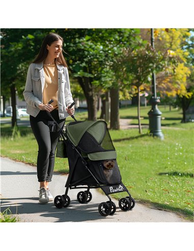 PawHut Umbrella Structure Dog Stroller, Lightweight & Portable Dog Pram w/ Shoulder Strap, Storage Bag & Cup Holder, Dark Green
