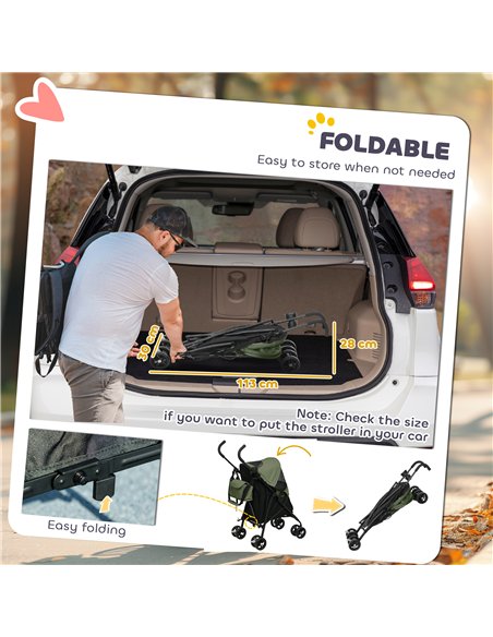 PawHut Umbrella Structure Dog Stroller, Lightweight & Portable Dog Pram w/ Shoulder Strap, Storage Bag & Cup Holder, Dark Green - pic 145528 | FastDaddyshop