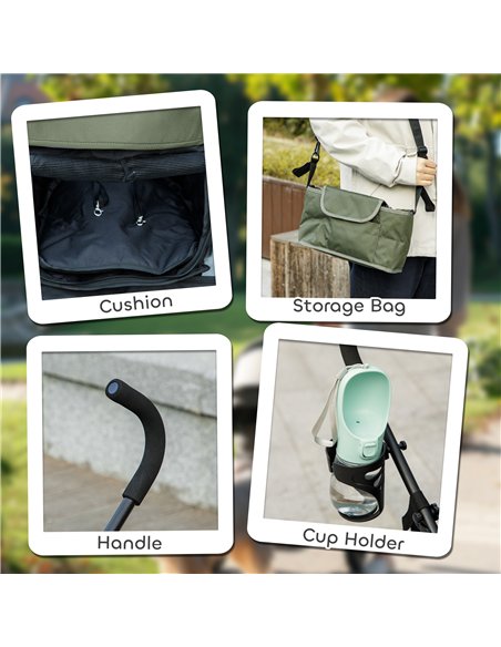 PawHut Umbrella Structure Dog Stroller, Lightweight & Portable Dog Pram w/ Shoulder Strap, Storage Bag & Cup Holder, Dark Green - pic 145529 | FastDaddyshop