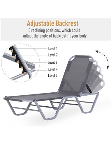 Outsunny Sun Lounger Relaxer Recliner with 5-Position Adjustable Backrest Lightweight Frame for Pool or Sun Bathing Silver
