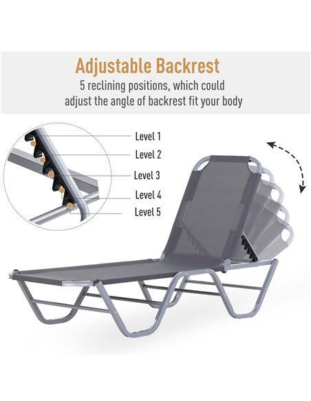 Outsunny Sun Lounger Relaxer Recliner with 5-Position Adjustable Backrest Lightweight Frame for Pool or Sun Bathing Silver - pic 14553 | FastDaddyshop