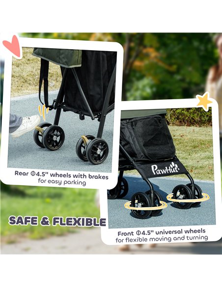 PawHut Umbrella Structure Dog Stroller, Lightweight & Portable Dog Pram w/ Shoulder Strap, Storage Bag & Cup Holder, Dark Green - pic 145530 | FastDaddyshop