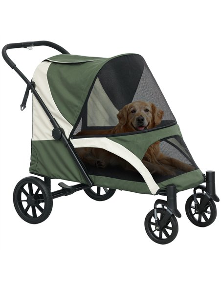 PawHut Easy Folding Pet Stroller for Large Dogs with 4 Big Wheels, Shock Absorb Frame, Safety Leashes, Brakes, Dark Green - pic 145541 | FastDaddyshop