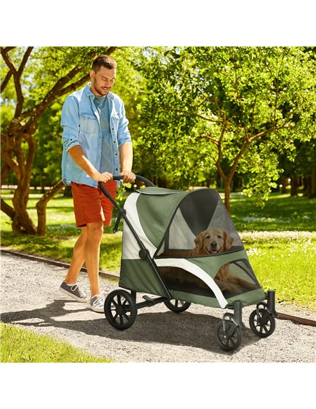 PawHut Easy Folding Pet Stroller for Large Dogs with 4 Big Wheels, Shock Absorb Frame, Safety Leashes, Brakes, Dark Green - pic 145542 | FastDaddyshop