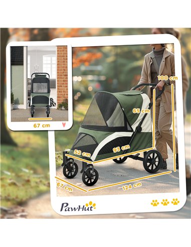 PawHut Easy Folding Pet Stroller for Large Dogs with 4 Big Wheels, Shock Absorb Frame, Safety Leashes, Brakes, Dark Green