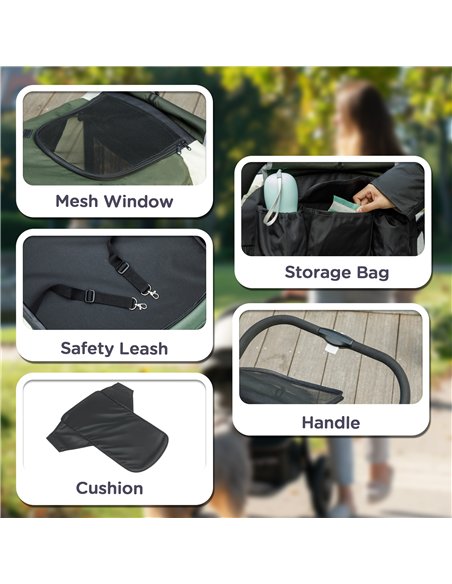 PawHut Easy Folding Pet Stroller for Large Dogs with 4 Big Wheels, Shock Absorb Frame, Safety Leashes, Brakes, Dark Green - pic 145547 | FastDaddyshop