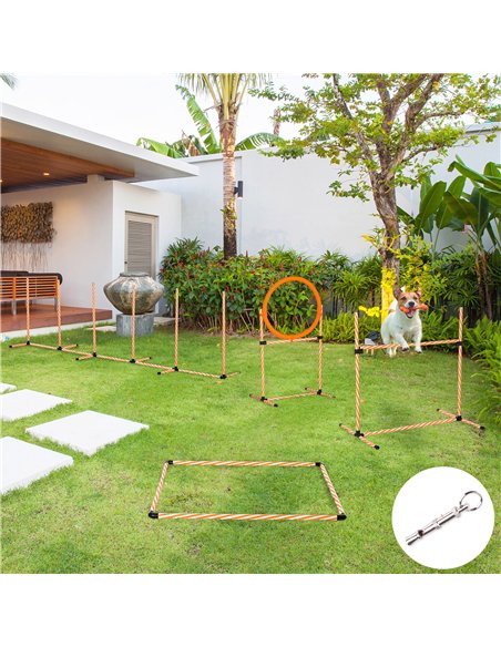 PawHut Dog Agility Equipment Pet Training Set with Adjustable Height Jump Ring Hurdle Whistle Weave Poles Square Pause Box Carry - pic 145677 | FastDaddyshop