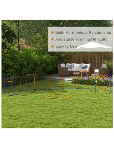 PawHut Dog Agility Training Equipment with Weave Poles, Jump Ring, Pause Box, Adjustable Hurdle, Carry Bag, Orange