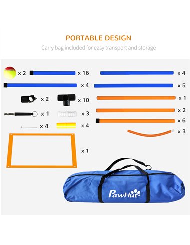 PawHut Dog Agility Training Equipment with Weave Poles, Jump Ring, Pause Box, Adjustable Hurdle, Carry Bag, Orange