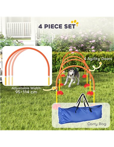 PawHut 4 Piece Dog Agility Training Equipment with 4 Adjustable Width Doors, Carry Bag, for Garden, Orange