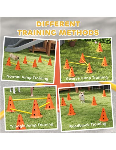 PawHut Dog Agility Equipment Set of 6 Cones, 6 Poles with Carry Bag, 3 PCS Adjustable Height Jumping Obstacles, Orange