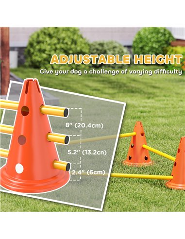 PawHut Dog Agility Equipment Set of 6 Cones, 6 Poles with Carry Bag, 3 PCS Adjustable Height Jumping Obstacles, Orange