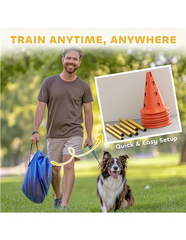 PawHut Dog Agility Equipment Set of 6 Cones, 6 Poles with Carry Bag, 3 PCS Adjustable Height Jumping Obstacles, Orange