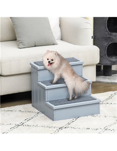 PawHut 3 Step Wooden Dog Steps Pet Stairs for Dogs, Cat Ladder for Bed Couch with Storage Grey