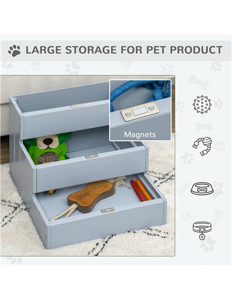 PawHut 3 Step Wooden Dog Steps Pet Stairs for Dogs, Cat Ladder for Bed Couch with Storage Grey - pic 145887 | FastDaddyshop