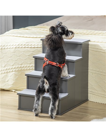 PawHut 4 Step Wooden Dog Steps Pet Stairs for Dogs, Cat Ladder for Bed Couch with Non-Slip Carpet 40 x 59 x 54.2 cm, Grey - pic 145911 | FastDaddyshop
