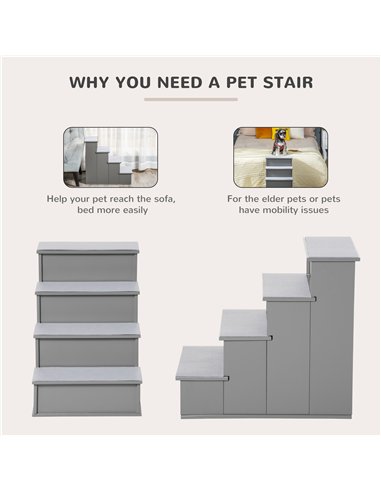 PawHut 4 Step Wooden Dog Steps Pet Stairs for Dogs, Cat Ladder for Bed Couch with Non-Slip Carpet 40 x 59 x 54.2 cm, Grey