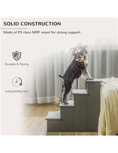 PawHut 4 Step Wooden Dog Steps Pet Stairs for Dogs, Cat Ladder for Bed Couch with Non-Slip Carpet 40 x 59 x 54.2 cm, Grey