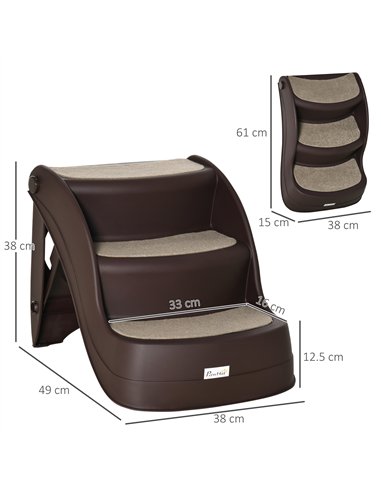 PawHut Foldable Pet Stairs Portable Dog Steps 3-Step Design with Non-slip Mats for High Beds, Sofas, 49 x 38 x 38 cm, Brown