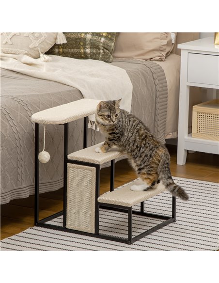 PawHut Three-Step Pet Stairs, with Sisal Scratching Board, Toy Hanging Ball, Steel Frame - pic 145947 | FastDaddyshop