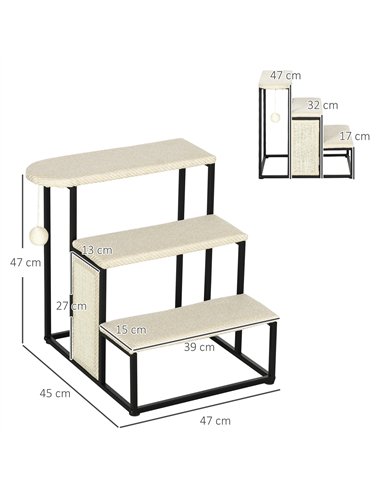 PawHut Three-Step Pet Stairs, with Sisal Scratching Board, Toy Hanging Ball, Steel Frame