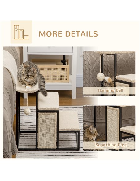 PawHut Three-Step Pet Stairs, with Sisal Scratching Board, Toy Hanging Ball, Steel Frame - pic 145950 | FastDaddyshop