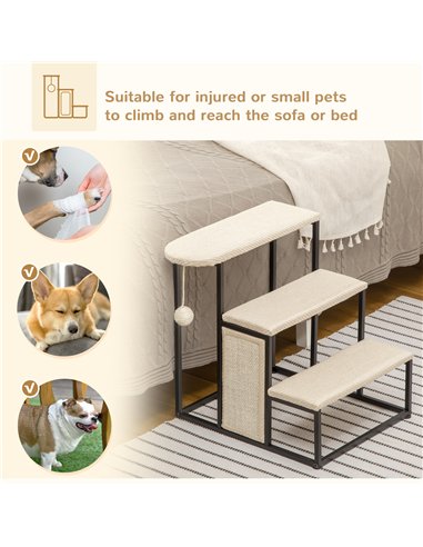 PawHut Three-Step Pet Stairs, with Sisal Scratching Board, Toy Hanging Ball, Steel Frame