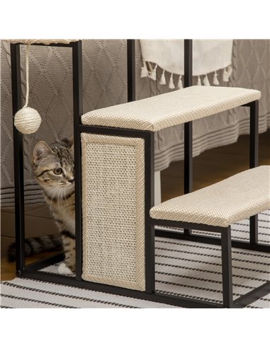 PawHut Three-Step Pet Stairs, with Sisal Scratching Board, Toy Hanging Ball, Steel Frame