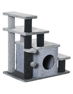PawHut Adjustable Cat Steps, with House & Hanging Toy Ball - Grey