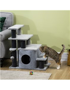 PawHut Adjustable Cat Steps, with House & Hanging Toy Ball - Grey 2