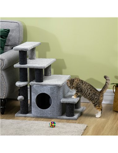 PawHut Adjustable Cat Steps, with House & Hanging Toy Ball - Grey