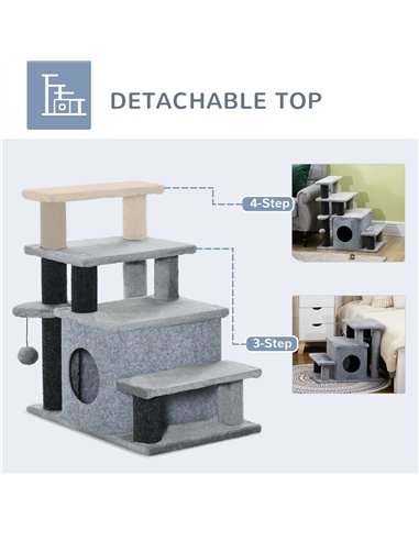 PawHut Adjustable Cat Steps, with House & Hanging Toy Ball - Grey