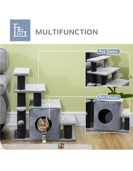 PawHut Adjustable Cat Steps, with House & Hanging Toy Ball - Grey - pic 145959 | FastDaddyshop