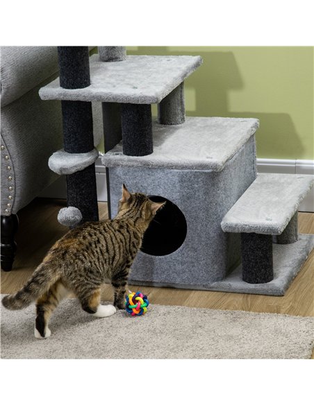 PawHut Adjustable Cat Steps, with House & Hanging Toy Ball - Grey - pic 145963 | FastDaddyshop