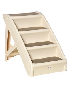 PawHut Foldable Four-Step Pet Stairs, for Cats, Small Miniature Dogs, with Non-Slip Mats 62 x 38 x 49.5cm - Beige