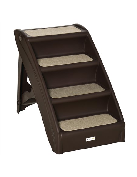 PawHut Foldable Four-Step Pet Stairs, for Cats, Small Miniature Dogs, with Non-Slip Mats 62 x 38 x 49.5cm - Brown - pic 145973 | FastDaddyshop