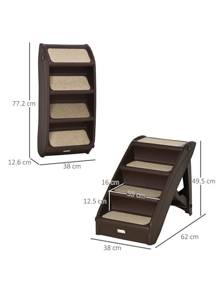 PawHut Foldable Four-Step Pet Stairs, for Cats, Small Miniature Dogs, with Non-Slip Mats 62 x 38 x 49.5cm - Brown - pic 145975 | FastDaddyshop
