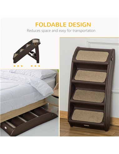PawHut Foldable Four-Step Pet Stairs, for Cats, Small Miniature Dogs, with Non-Slip Mats 62 x 38 x 49.5cm - Brown