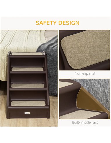 PawHut Foldable Four-Step Pet Stairs, for Cats, Small Miniature Dogs, with Non-Slip Mats 62 x 38 x 49.5cm - Brown