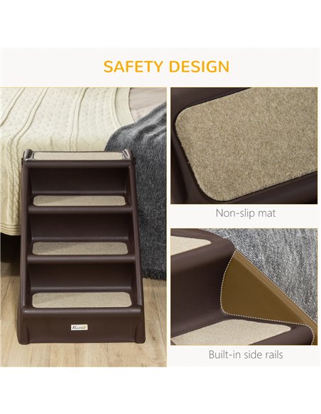 PawHut Foldable Four-Step Pet Stairs, for Cats, Small Miniature Dogs, with Non-Slip Mats 62 x 38 x 49.5cm - Brown - pic 145977 | FastDaddyshop