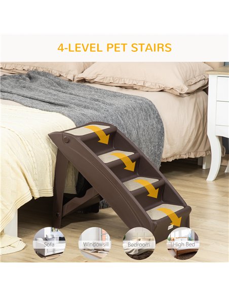 PawHut Foldable Four-Step Pet Stairs, for Cats, Small Miniature Dogs, with Non-Slip Mats 62 x 38 x 49.5cm - Brown - pic 145979 | FastDaddyshop