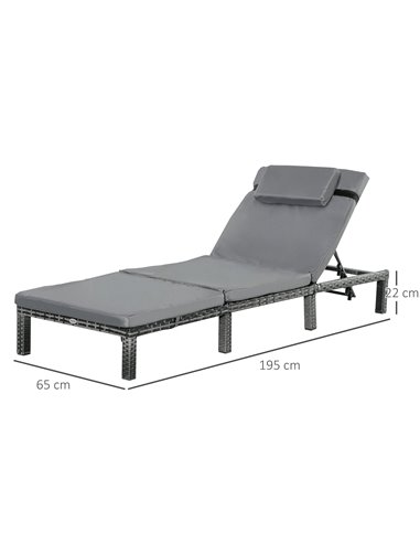 Outsunny Garden Outdoor Rattan Furniture Patio Sun Lounger Recliner Reclining Chair Bed Fire Resistant Sponge, Grey