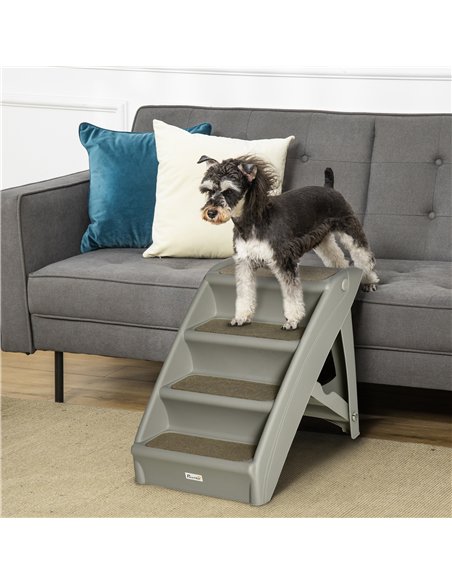 PawHut Foldable Four-Step Pet Stairs, for Cats, Small Miniature Dogs, with Non-Slip Mats 62 x 38 x 49.5cm - Grey - pic 145983 | FastDaddyshop